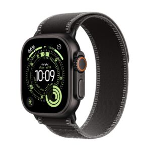 Apple Watch Ultra 3 موديل GPS + Cellular إطار تيتانيوم بلون أسود مقاس 49 مم مع حزام Loop ترايل بلون أسود/فحمي - مقاس صغير/متوسط