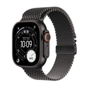 Apple Watch Ultra 3 موديل GPS + Cellular إطار تيتانيوم بلون أسود مقاس 49 مم مع حزام Loop ميلانيز من التيتانيوم الأسود - مقاس صغير