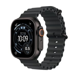 Apple Watch Ultra 3 موديل GPS + Cellular إطار تيتانيوم بلون أسود مقاس 49 مم مع حزام المحيط بلون أسود