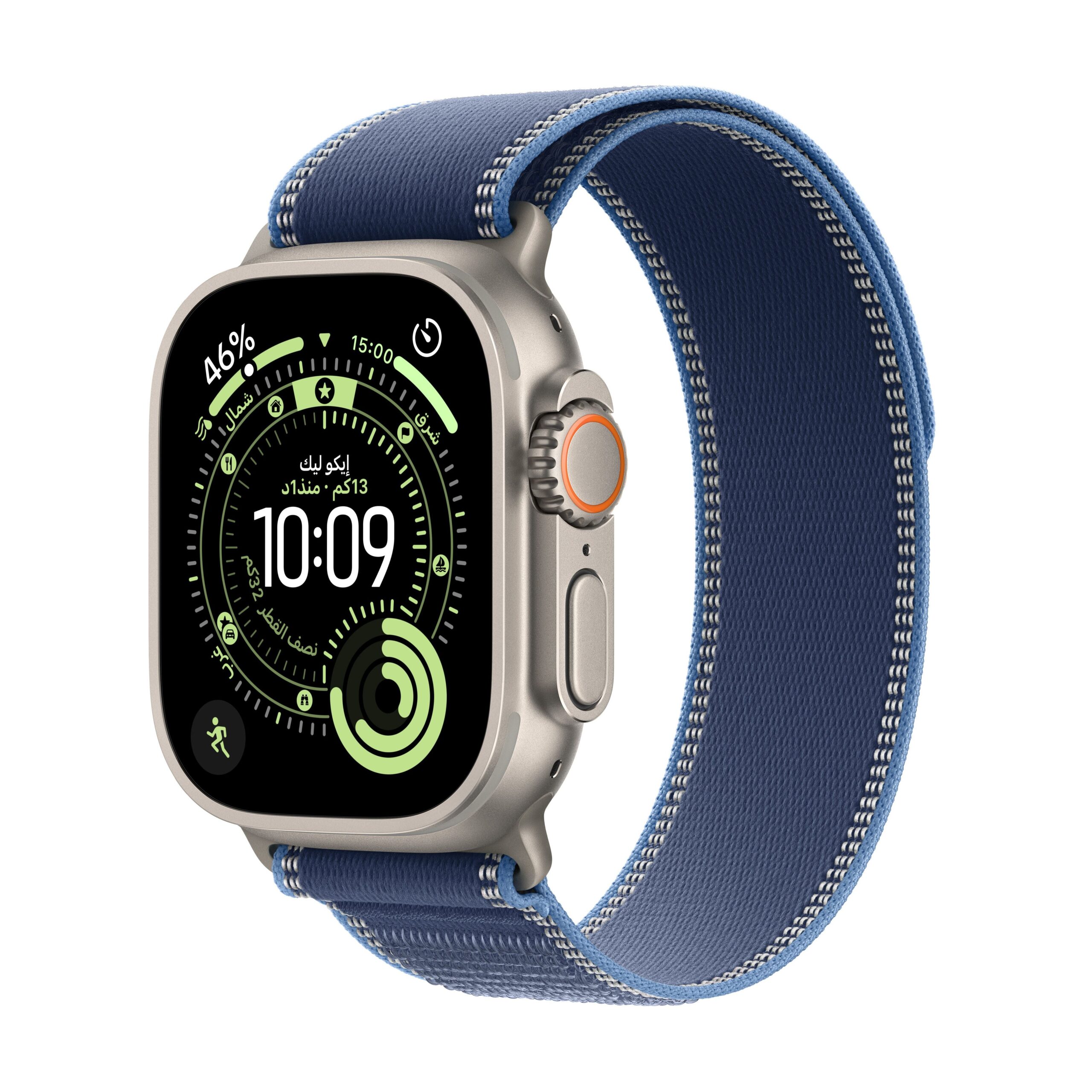 Apple Watch Ultra 3 موديل GPS + Cellular إطار تيتانيوم بلون طبيعي مقاس 49 مم مع حزام Loop ترايل بلون أزرق/أزرق ساطع - مقاس متوسط/كبير