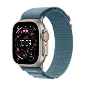 ‏Apple Watch Ultra 3 موديل GPS + Cellular إطار تيتانيوم بلون طبيعي مقاس 49 مم مع حزام Loop ألباين بلون أزرق فاتح - مقاس كبير