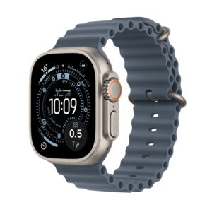‏‏Apple Watch Ultra 3 موديل GPS + Cellular إطار تيتانيوم بلون طبيعي مقاس 49 مم مع حزام المحيط بلون أزرق حديدي