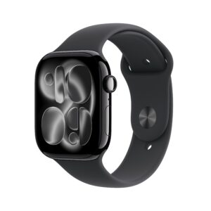 ‏‏‏Apple Watch Series 11 موديل GPS‏ إطار ألومنيوم أسود لامع مقاس 46 مم مع حزام رياضي أسود - مقاس متوسط/كبير