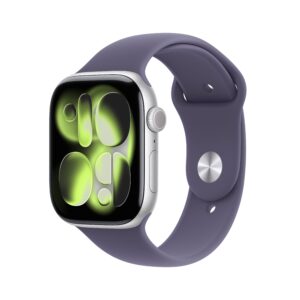‏‏‏Apple Watch Series 11 موديل ‏‏‏GPS‏ إطار ألومنيوم فضي مقاس 42 مم مع حزام رياضي ليلكي ضبابي - مقاس متوسط/كبير