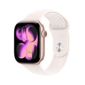 ‏‏‏‏Apple Watch Series 11 موديل GPS‏ إطار ألومنيوم ذهبي وردي مقاس 42 مم مع حزام رياضي خوخي متورد - مقاس متوسط/كبير